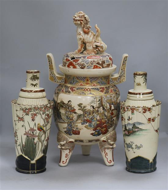 A Japanese Satsuma two handled dragon lidded koro, and a pair of lamp bases